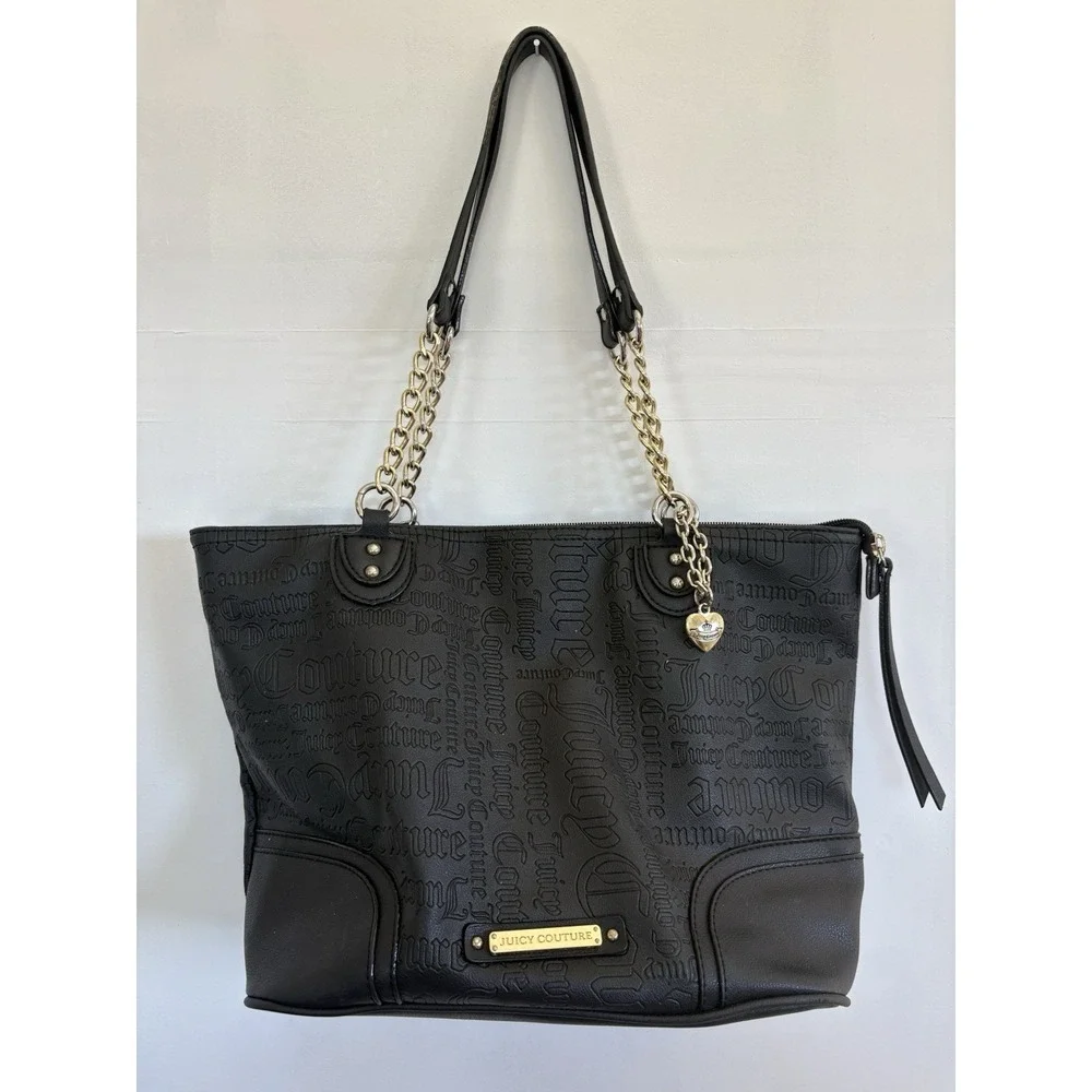 Juicy Couture Y2K Style Black Faux Leather Logo Embossed Large Satchel Purse